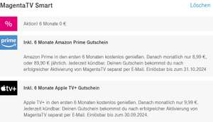 Telekom MagentaTV: bei Neubestellung in allen Tarifen (außer Flex) 6 Monate Apple TV+ und 6 Monate Amazon Prime gratis