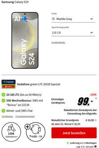 nur mit trade in, O2/Vodafone Netz: Samsung Galaxy S24 (128GB) im Allnet/SMS Flat 20/35GB LTE 19,99€/Monat, 99€ Zuzahlung, ggf. 50€ RNM