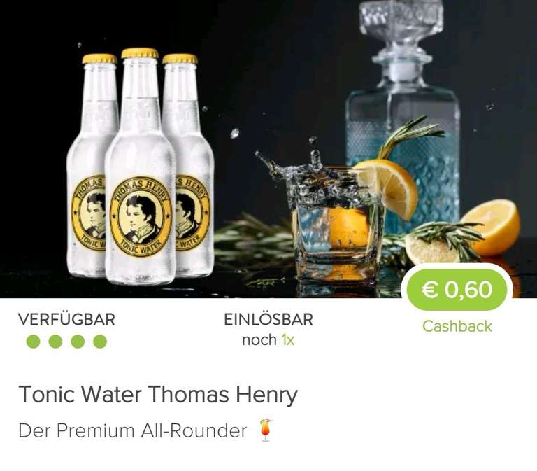 Marktguru 60 Cent Cashback auf Tonic Water Thomas Henry