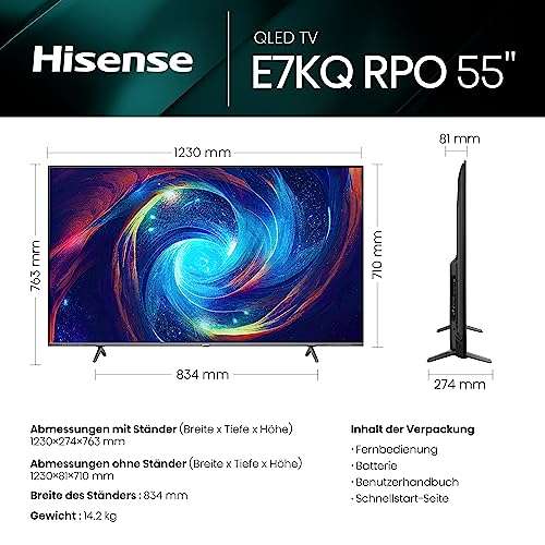 Hisense 55E7KQ Pro 139cm (55 Zoll) Fernseher, 4K UHD, QLED, 2.1 HDMI, Smart TV, HDR, Dolby Vision IQ, 144Hz (VRR) 479,-