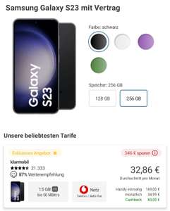 Samsung Galaxy S23 256 GB mit Vertrag 15 GB Klarmobil [Check 24] Normalos