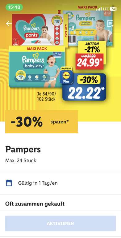 Lidl Plus App 30% Pampers Windeln Maxi Pack