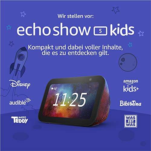 Echo Show 5 (3. Gen.) Kids für Kinder entwickelt, mit Kindersicherung | Weltraum-Design | + 1 Jahr Amazon Kids+