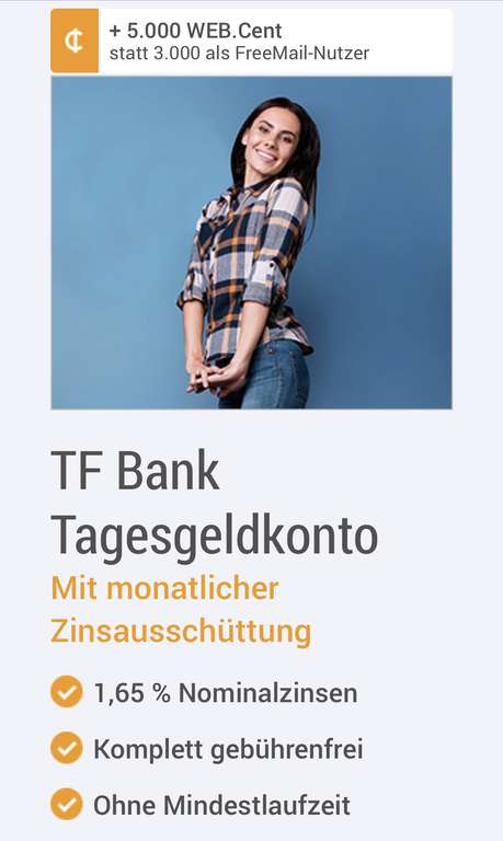TF Bank Tagesgeld 1,65% + 3.000 bzw 5.000 Webcent = 30€/50€ GMX Premium (5.000€ Mindestanlage für 2 Monate)
