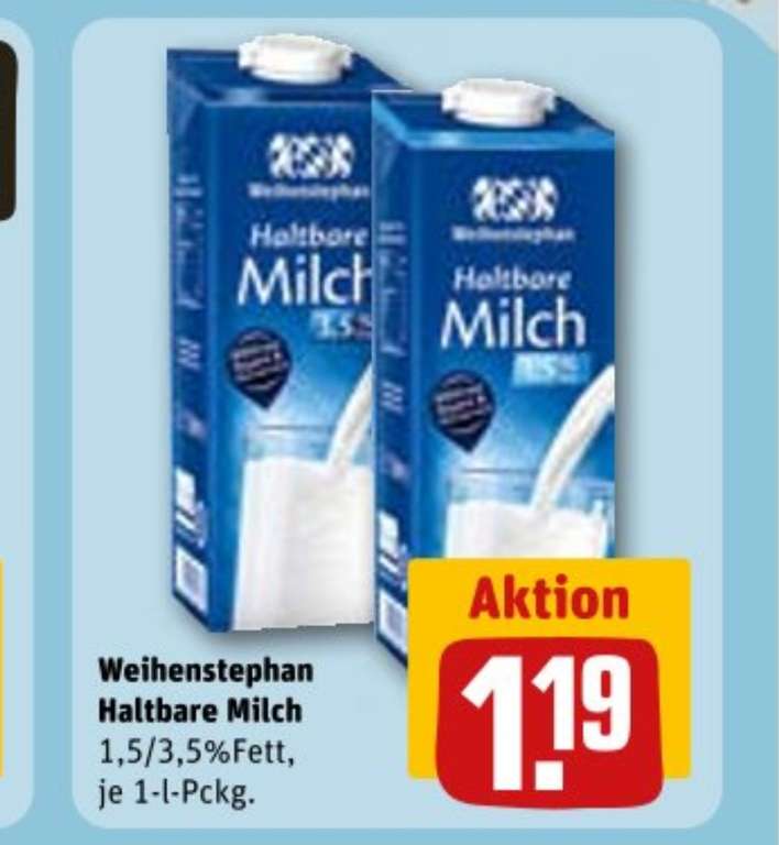Rewe | 3x Weihenstephan haltbare Milch 1l (3,5 % / 1,5 %) für effektiv 0,86 €/Packung durch Coupon