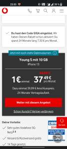 Vodafone Young S + iPhone 13 (128GB) für 37,49€ mtl., Einmalig 1€ zzgl. 39,99 Anschlusspreis