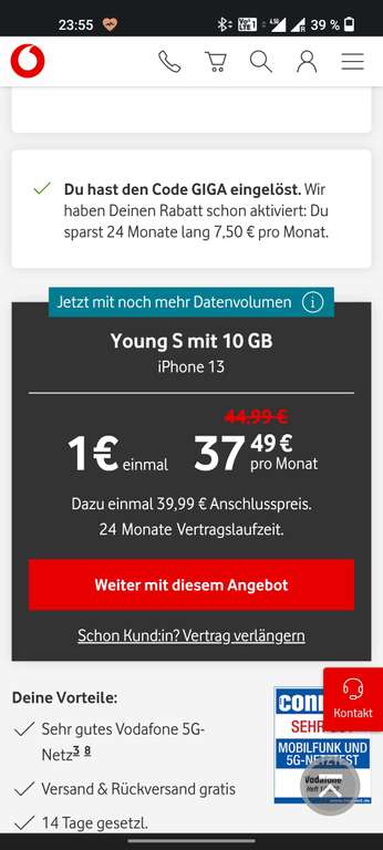 Vodafone Young S + iPhone 13 (128GB) für 37,49€ mtl., Einmalig 1€ zzgl. 39,99 Anschlusspreis