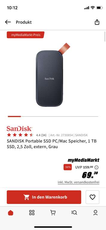 [MyMediaMarkt] SANDISK Portable SSD 1 TB (520 MB/s)