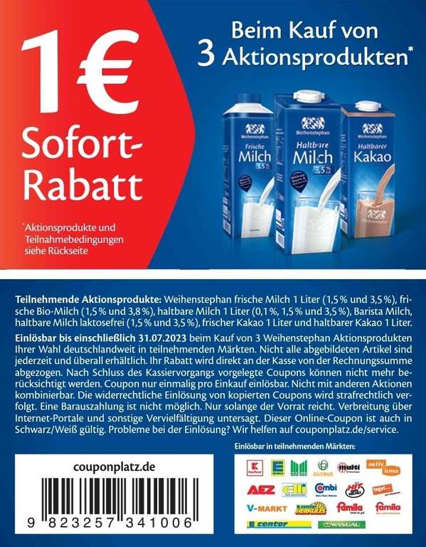 [EDEKA/NP] 6x Weihenstephan Haltbare Milch 3,5%/1,5% für effektiv 0,66€ pro 1l-Packung (Angebot + Coupon)