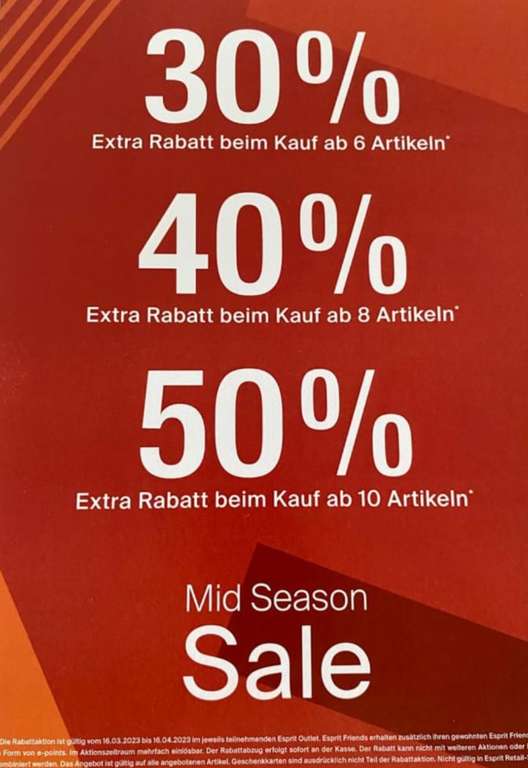 Esprit Outlet Ratingen - Mid Season Sale - Bis zu 50% Extra Rabatt