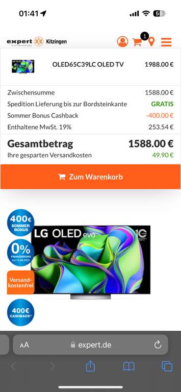 LG OLED 65 C3 nach cashback +shoop 1148€