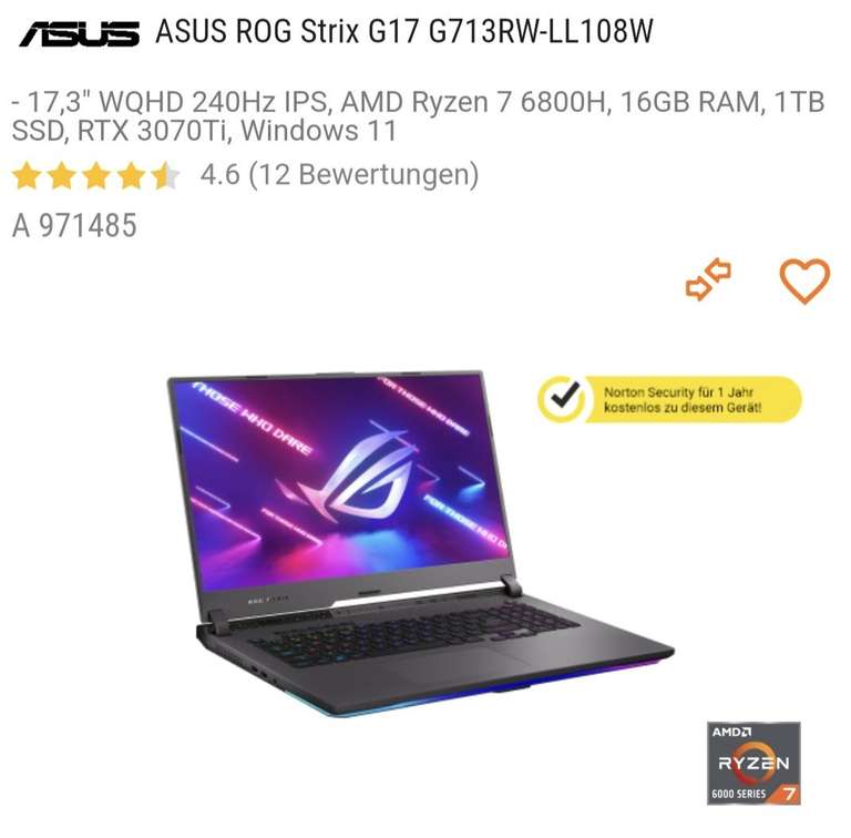 ASUS ROG Strix G17 (G15) Gaming Laptop AMD Ryzen 7 6800H, RTX 3070ti max.150W Logo ASUS ASUS ROG Strix G17 G713RW-LL108W