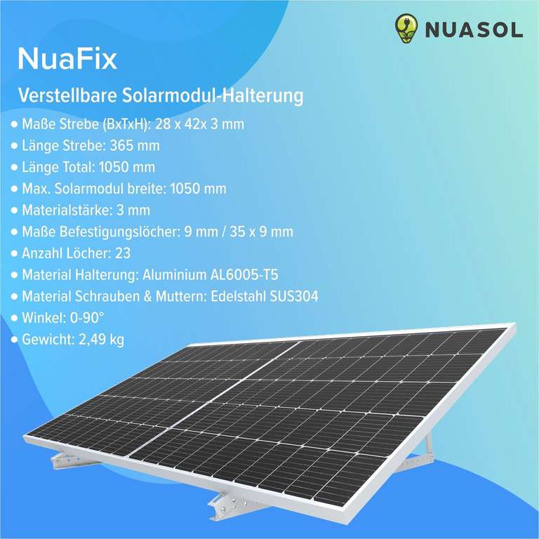 NuaSol - Verstellbare Solarpanel Solarmodul Halterung 1050mm - 0-90 Grad - Silber für Solar Balkonkraftwerk