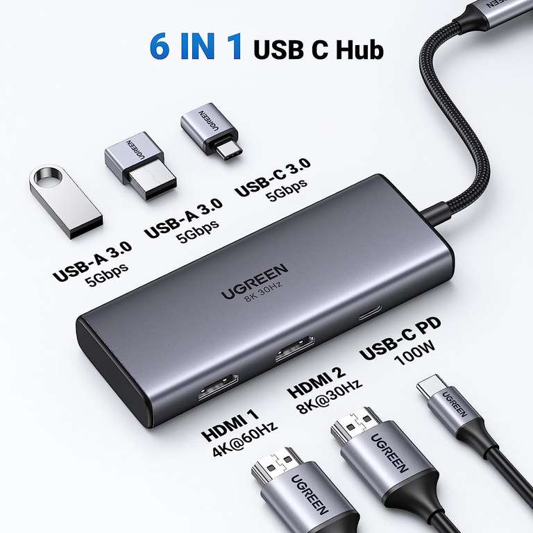 Ugreen 15852 USB-C-Hub (2x HDMI bis 4K60 per DP 1.4, 85W Power Delivery, 3x USB-A 3.0 5Gbit/s)