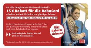 15€ Rabatt auf Bahncards (mit Wohnsitz in Niedersachsen, Bremen, Hamburg)