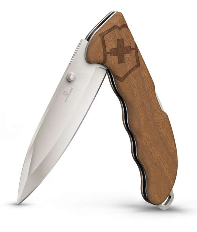 Victorinox Evoke Wood Outdoor, Schweizer Taschenmesser mit Holzgriff, 4 Funktionen, 10 cm Klinge, Daumenpin abnehmbar