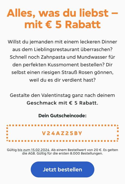 Lieferando - 5€ Valentinsgutscheine (MBW 20€)