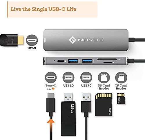 NOVOO USB C Hub 6 Port Aluminium USB C Adapter mit HDMI 4K, 2 USB 3.1, Type C PD 60W (20V,3A), SD/Micro SD