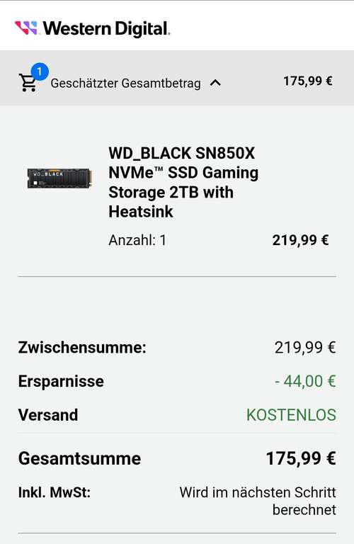 WD_BLACK SN850X NVMe-SSD 2TB mit Heatsink über CB 175,99€