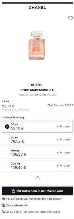 Chanel Coco Mademoiselle Eau de Parfum 35ml 52,16€ / 50ml 76,52€ / 100ml  106,53€ / 200ml 179,45€ (Flaconi)