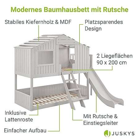 Juskys Kinderbett Baumhaus 90x200 cm Weiß mit Rutsche, Dach & Lattenrost