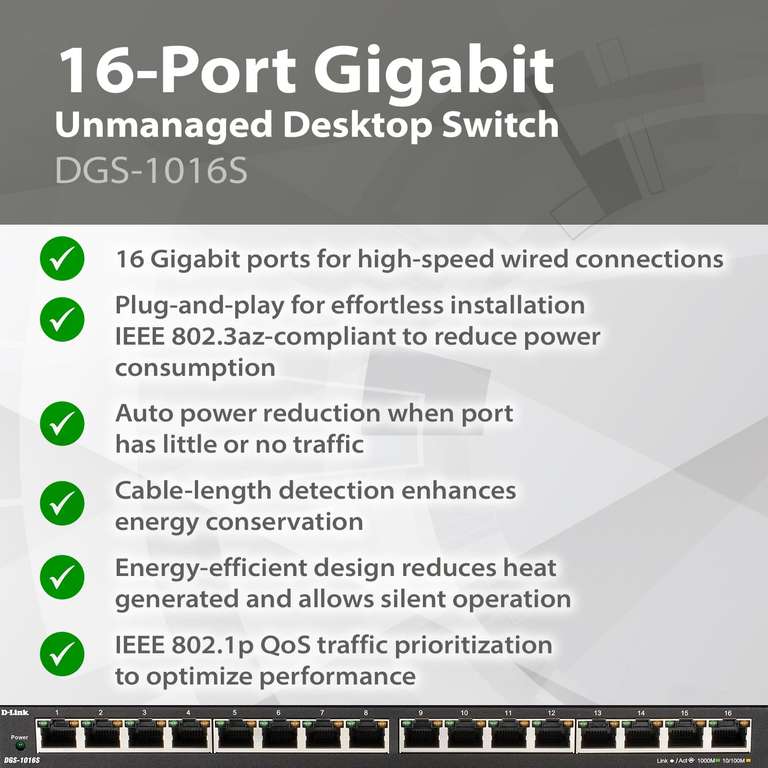 D-Link DGS-1016S 16-Port Unmanaged Gigabit Switch (ohne Lüfter, Low Profile Metallgehäuse, Desktop / Wandmontage