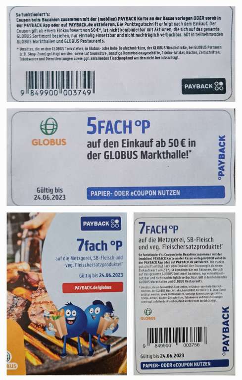 Globus Payback 7Fach °P auf Metzgerei, SB Fleisch und 5Fach °P auf den gesamten Einkauf Globus Markthalle ab 50€ bis 24.06