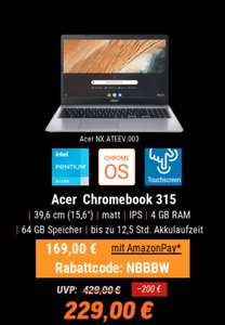 Acer Chromebook 315 für 169€ plus Versand in der NBB Black Week via Amazon Pay