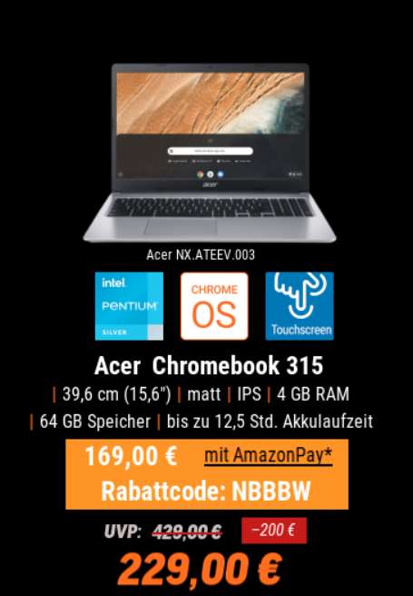 Acer Chromebook 315 für 169€ plus Versand in der NBB Black Week via Amazon Pay