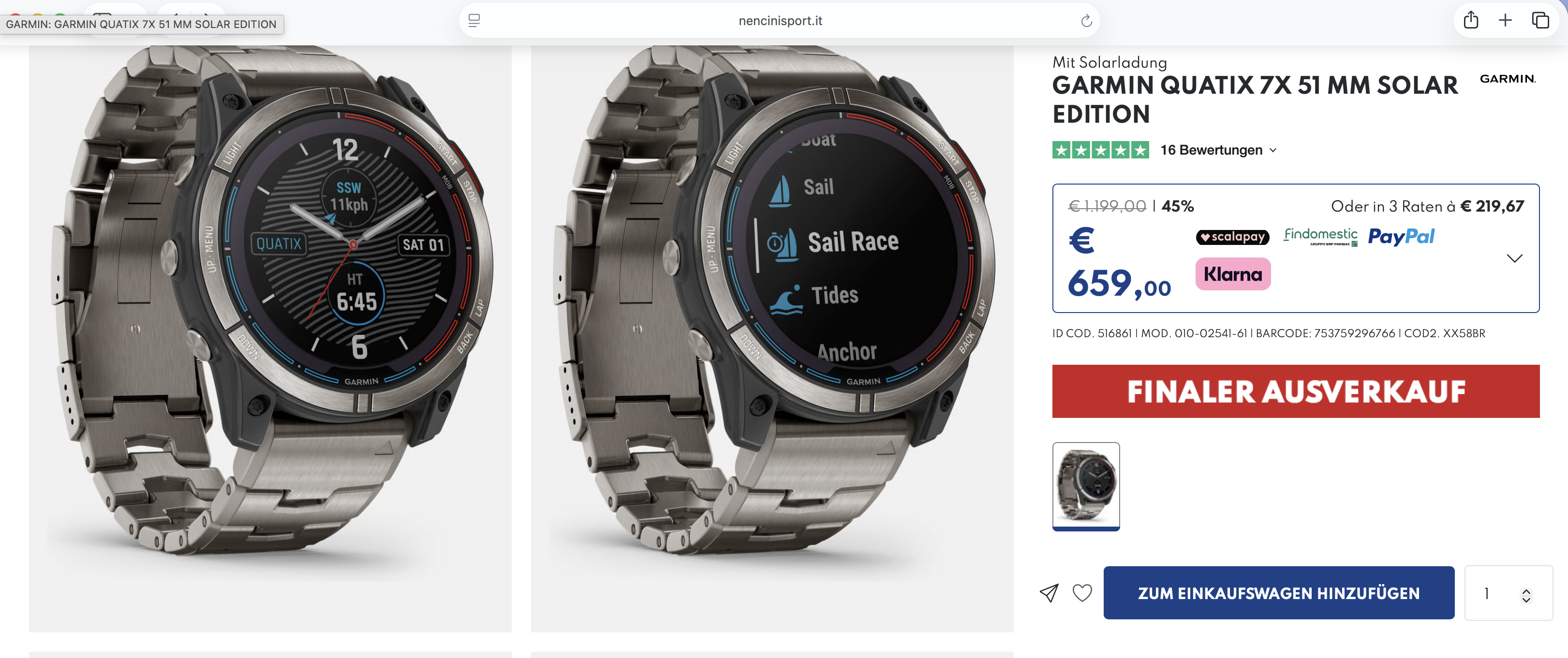 Garmin quatix 7X Solar Sapphire 51 mm inkl. Titanarmband für 659 € + 2,8 % Cashback