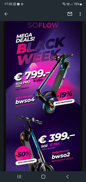 Black Friday E-Scooter SoFlow S02 50% statt 799€ für 399€ oder S04 Pro