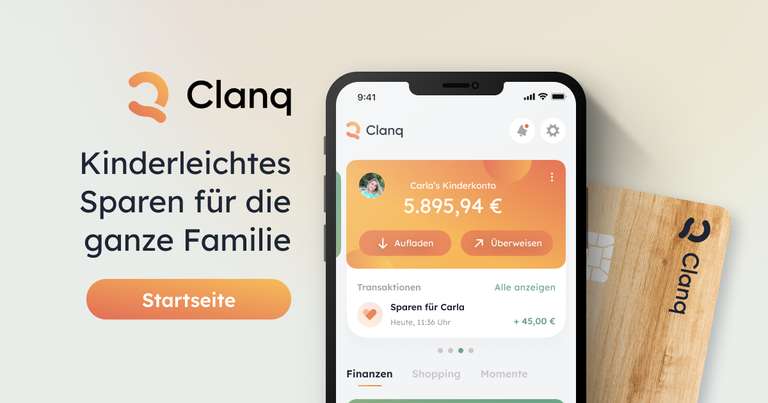 WIEDER DA! 20€ GESCHENKT! Clanq Prepaid Bankkonto + gratis VISA Karte im Holz Design (Mit Kinderkonto)