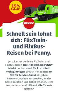 Penny Flixbus&Flixtrain: ab 31.10.-05.11.22 15%Rabatt auf alle FlixTrain-&FlixBus-Tickets , Rabatt nicht kombinierbar