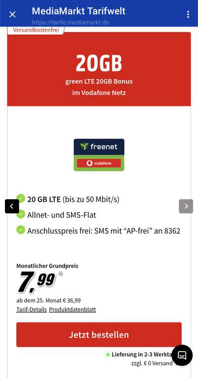 Vodafone Netz, Sim Only: Allnet/SMS Flat 20GB LTE, VoLTE & WiFi Calling, 7,99€/Monat, 2555 Payback Punkte