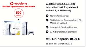 Vodafone Kabel 500 mit Sony Playstation 5 Slim Edition für 1€ Zuzahlung, 0€ AG, 100€ Startguthaben --> eff. 19,78€/Monat
