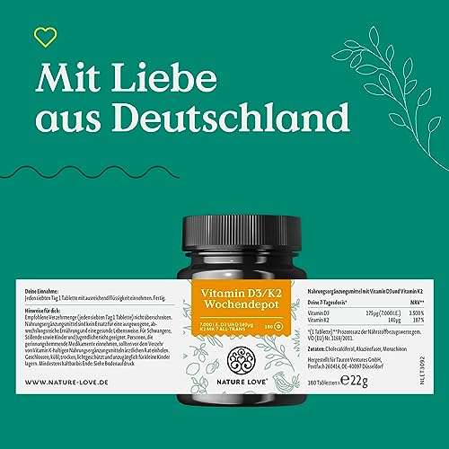 Vitamin D3 K2 Wochendepot - 180 vegane Tabletten - 7000IE D3 + 140µg K2 pro Tablette - Hochdosiert - Laborgeprüft, in Deutschland produziert