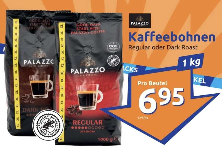 PALAZZO 1000g Kaffeebohnen Dark Roast od. Regular für 6,95€/kg bei ACTION