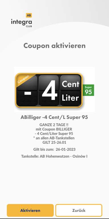 [Hohenwutzen / Polen] Coupon für 4 Cent Rabatt pro Liter für AB Tankstelle Polenmarkt in Hohenwutzen per App