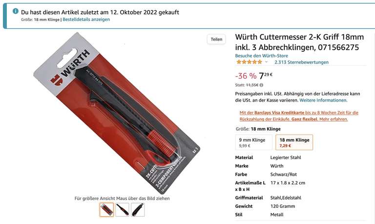 Würth Cuttermesser 2K 18mm inkl. 3 Abbrechklingen