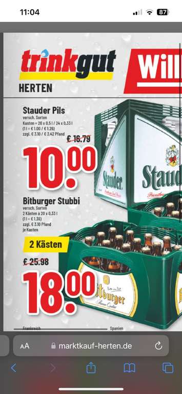 (Lokal) Trinkgut Herten (Marktkauf) Stauder Pils 20x0,5L / 24x0,33L unglaubliche