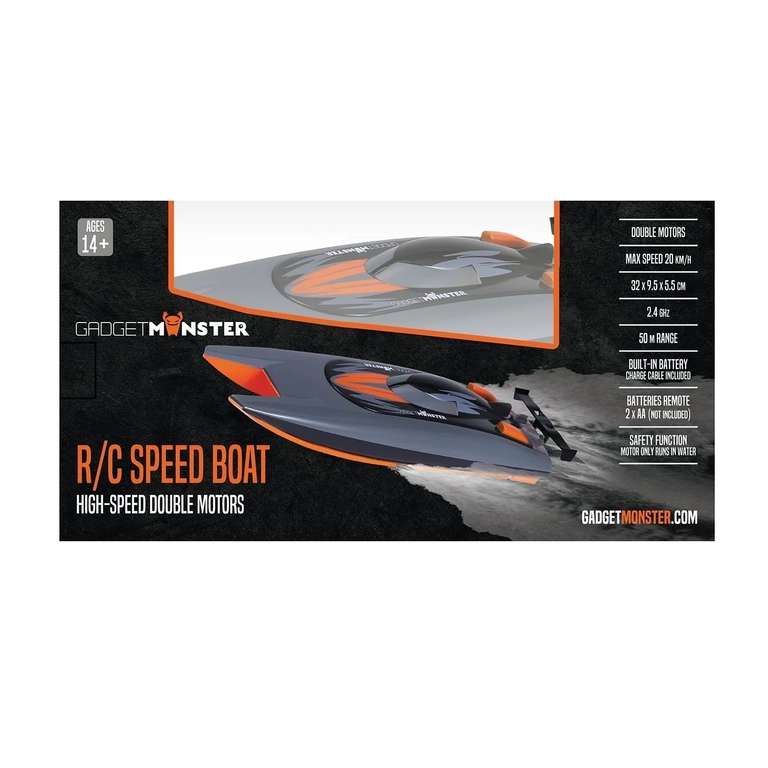 GADGETMONSTER GDM-1052 Ferngesteuertes Akkubetriebenes Speed-Boot (bis zu 20 Min. Fahrzeit & bis zu 20 km/h, 2 Motoren)