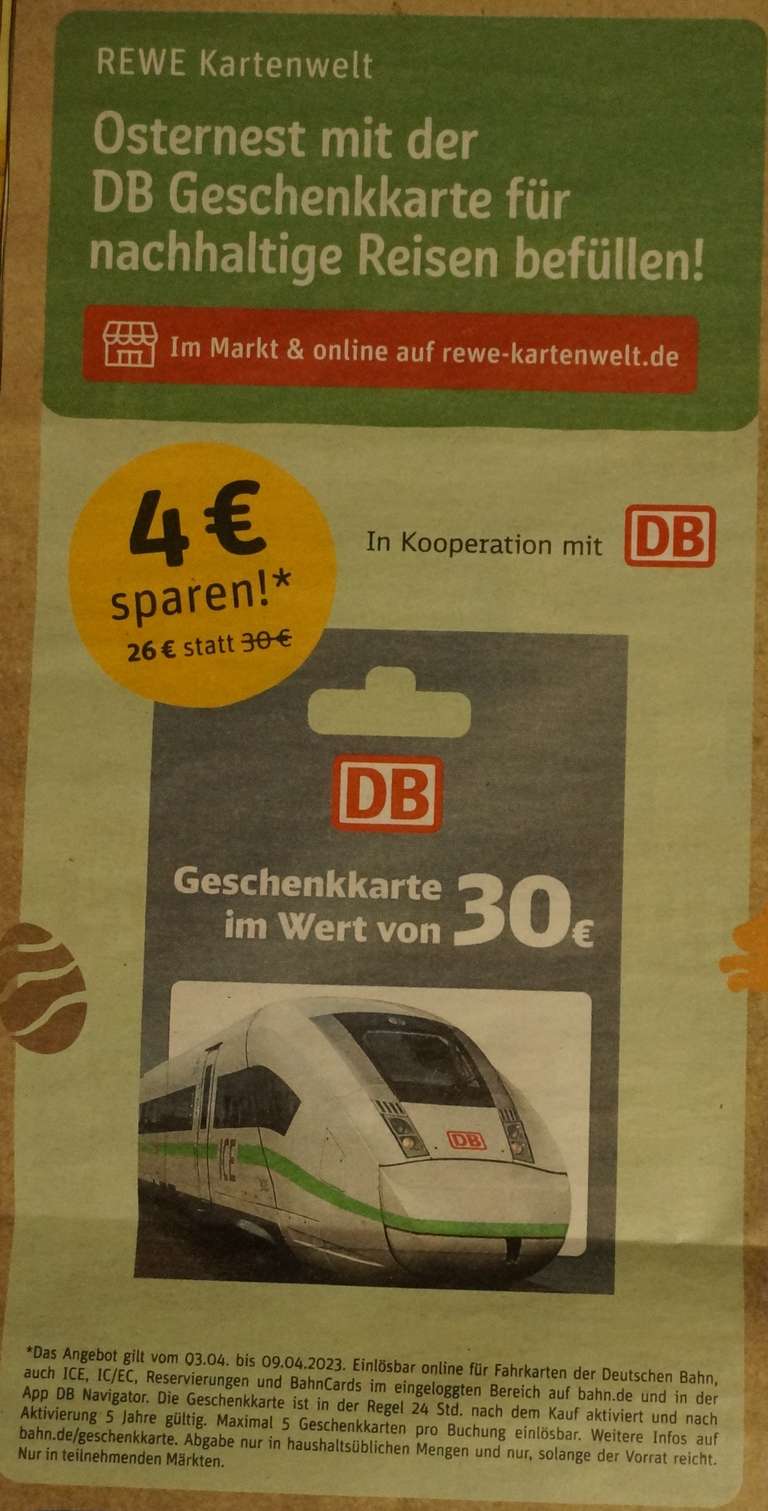 [REWE + REWE Kartenwelt] 30€ Geschenkkarte Deutsche Bahn für 26€ 03.04.-09.04.2023