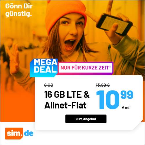 [SIM-Only Drillisch] 16GB LTE Datenvolumen + Allnet + SMS-flat + VoLTE & WLAN Call für 10,99€ monatlich o. 6GB + Allnet für 5,99€