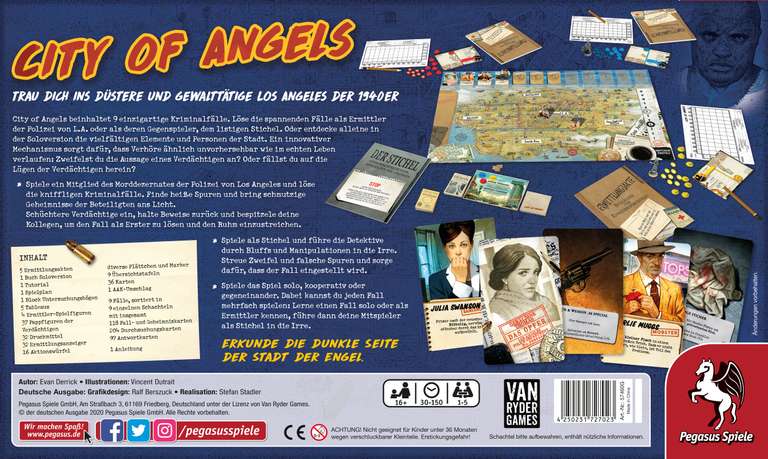 City of Angels + alle Erweiterungen | Brettspiel (Detektivspiel) für 1-5 Personen ab 16 J. | ca. 25-150 Min. | BGG: 7.9 / Komplexität: 2.34