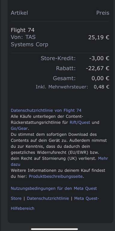 Quest 3 Meta Store Flight 74 mit 90% Rabatt, über VPN Japan sogar für 1,84€