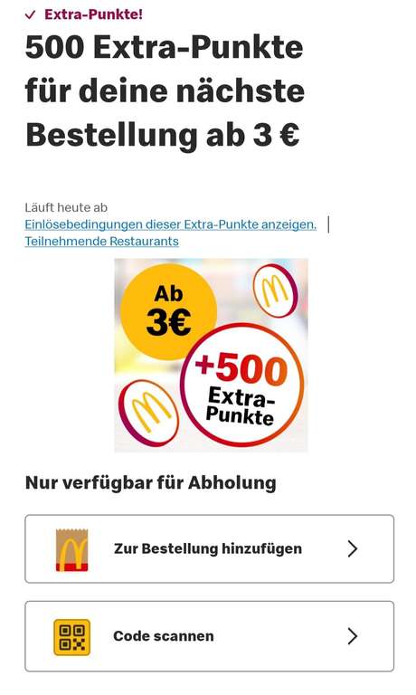 McDonalds 500 Extra-Punkte für deine nächste Bestellung ab 3€