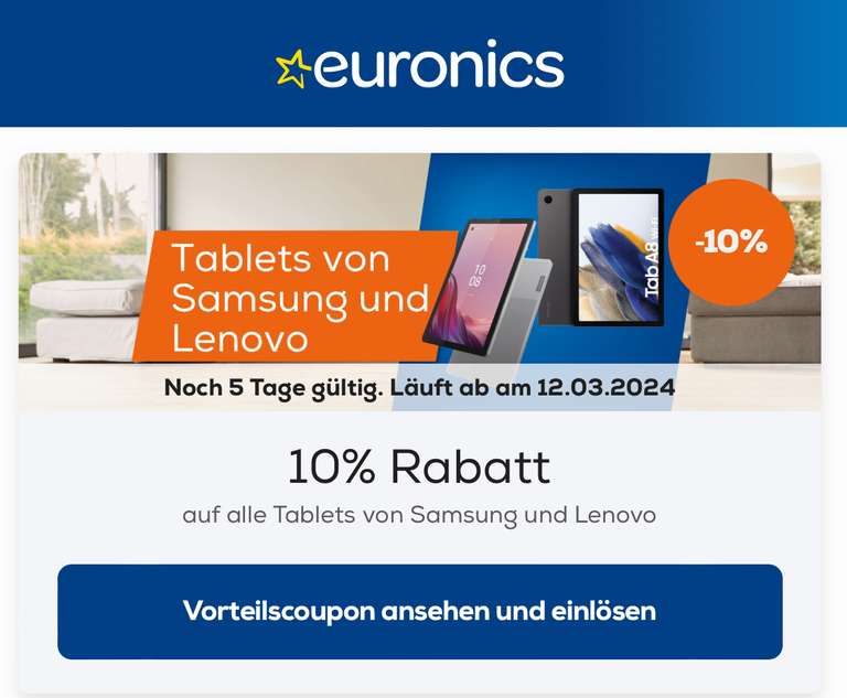 10% auf Samsung Tablets und Lenovo Tablet mit App Coupon