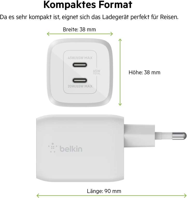 Belkin 65-W-USB-C-Ladegerät, weiß, 2x USB-C, Schnellladen mit PD 3.0, GaN, für iPhones, iPad Pro, MacBook, Galaxy usw.