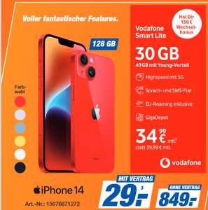 Lokal, Vodafone GigaKombi: Apple iPhone 14 im Allnet/SMS Flat 40GB 5G für 29,99€/Monat, 29€ Zuzahlung, 150€ Wechselbonus