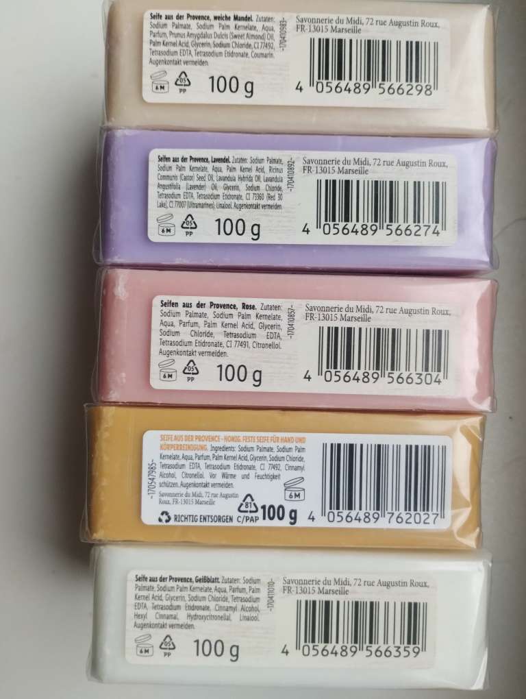[Lidl Filiale] Seife aus der Provence, 5 verschiedene Sorten 0,59€ 100 gramm, La Savonnerie Seife, feste Seife, Seifenstück,